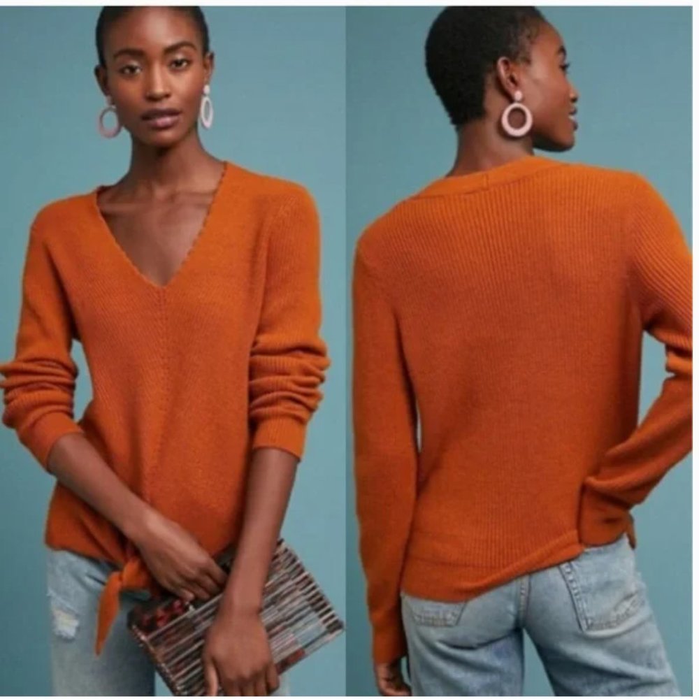 Anthropologie Moth Sweater Freeport Ribbed Knit V Neck Tie Front  Extra Small